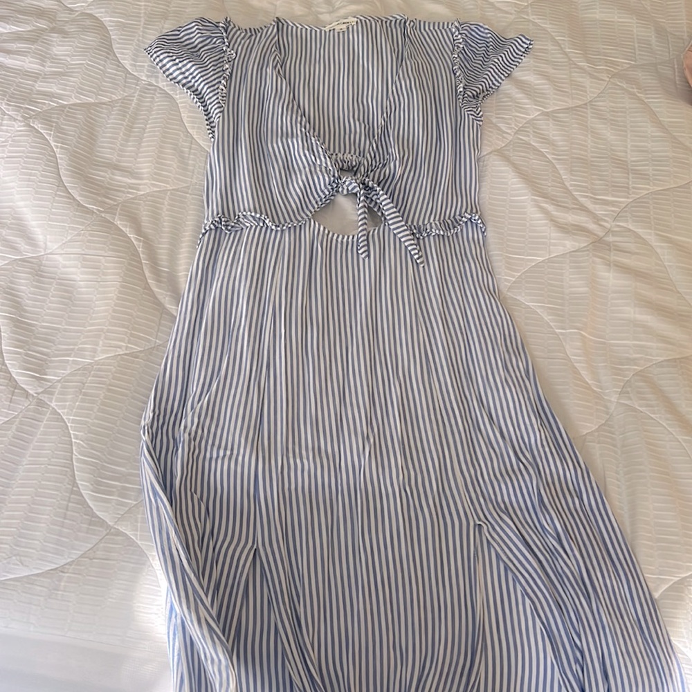 Blue and white striped maxi dress